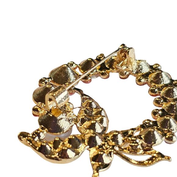 Green Brooch Pin Faux Pearl Rhinestone Butterfly Gold Tone Wreath Gift Box - Picture 9 of 10